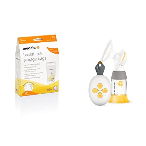 Medela pack de bolsas de almacenamiento de leche materna de 180 ml - Paquete de 25 bolsas de recogida de leche materna + Medela Extractor de...