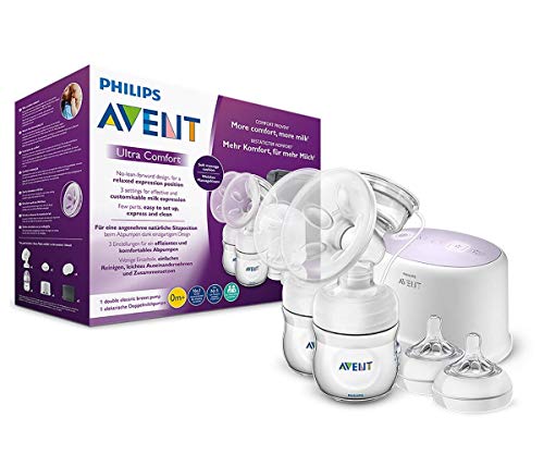 Philips Avent SCF334/31 - Sacaleches doble silencioso, extractor de leche eléctrico, con cojín masajeador suave, biberón y bolsa de viaje...