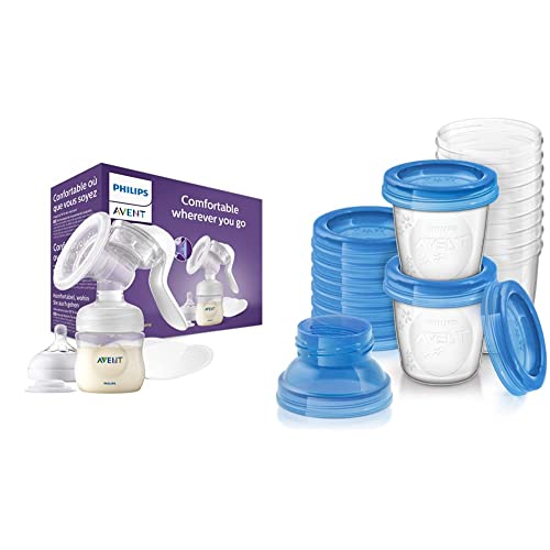 Philips Avent Extractor de leche manual (modelo SCF430/10)+Set de recipientes para leche materna (10 recipientes + 10 tapas + 2 adaptadores)