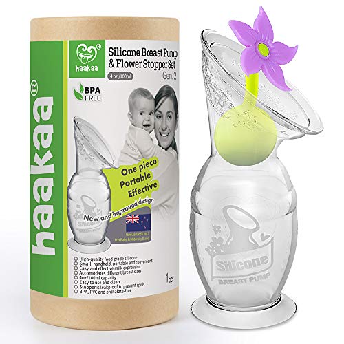 Haakaa Bomba manual de silicona para lactancia materna Bomba de leche con base de succión y tapón de flor, 100% silicona de grado...