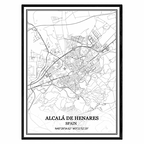 TANOKCRS Alcalá de Henares España Mapa de pared arte lienzo impresión cartel obra de arte sin marco moderno mapa en blanco y negro...